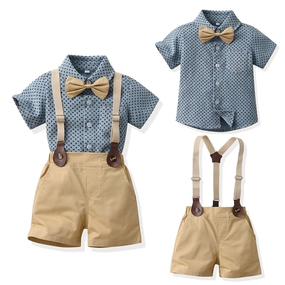 Boys Summer 3-Piece Outfits Set Short Sleeve Printed Shirt Shorts and Bowtie Formal Gentleman Tuxedo Suit Blue