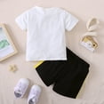 thumbnail image 4 of OLLUISNEO Toddler Baby Boys Clothes Solid Color Short Sleeve Letter Print Tops + Yellow Stripe Shorts Summer Outfits Set 2-3 Years, 4 of 7
