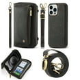 thumbnail image 1 of Allytech Crossbody Strap Wrist Design Case for iPhone 14 6.1" 2022, Retro Leather Zipper Purse Card Holders Flip Folio Case Detachable Magentc Shell [PC Backplane + TPU Frame] SHockproof Case, Black, 1 of 6