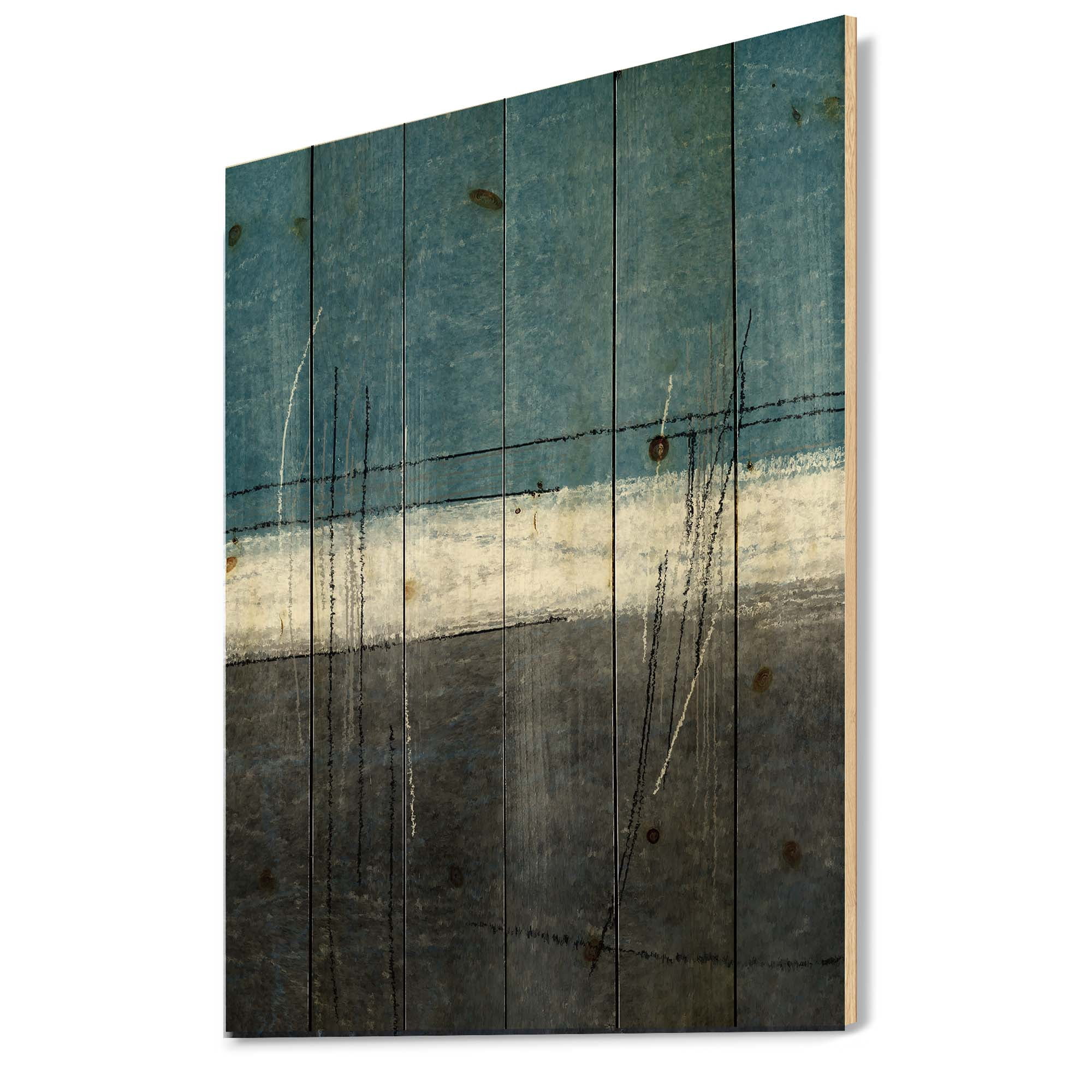 Designart 'Grey Meet Teal Abstract Art' Modern Print on Natural Pine Wood