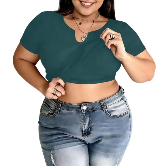 Plus Size Crop Tops for Women with Built-in Bra Crew Neck Short Sleeve Shirts Sexy Lightweight Blouses Basic Base Layer Tees Going Out Tops Business Casual Outfits 2026 Summer Clothing