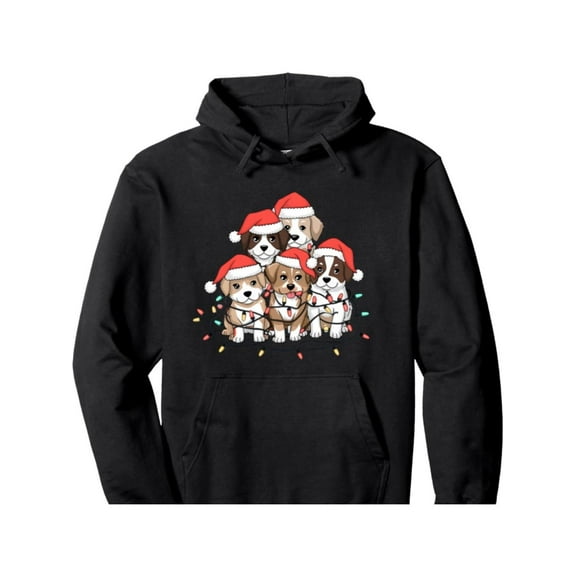 Men's Funny Christmas Dog Print Hoodie - Santa Puppy & Puppies Graphic Pullover Sweatshirt, Cozy Hooded Sweater with Kangaroo Pocket, Soft Black Winter Clothing for Pet Lovers (Sizes S-3XL) - Ideal G