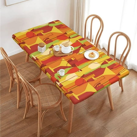 

SKQIT Wine Bottles and Glasses Print Elastic Edged Fitted Rectangle 4FT Tablecloth Indoor Outdoor Washable Reusable Table Cover for Kitchen Picnic Party