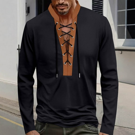 UQJfacai Mens Henley Shirt Waffle Long Sleeve Lace Up Vintage Casual T-Shirt Fall Winter Stylish Color Block Stand Collar Tee Tops