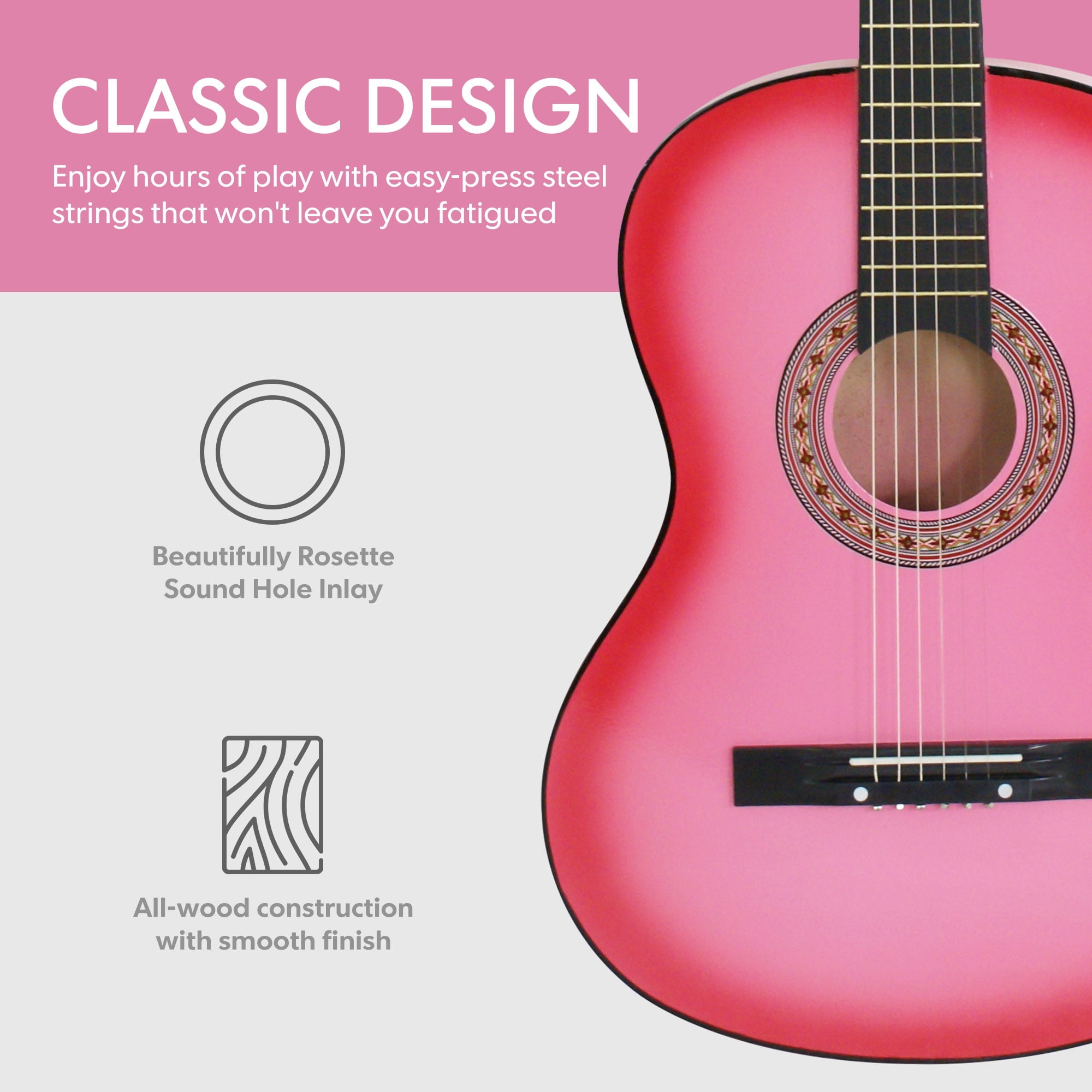 ZenSports 38-in Kids Beginner Acoustic Guitar Starter Kit 6 Strings W/Case, Strap, Tuner, Pick -Pink