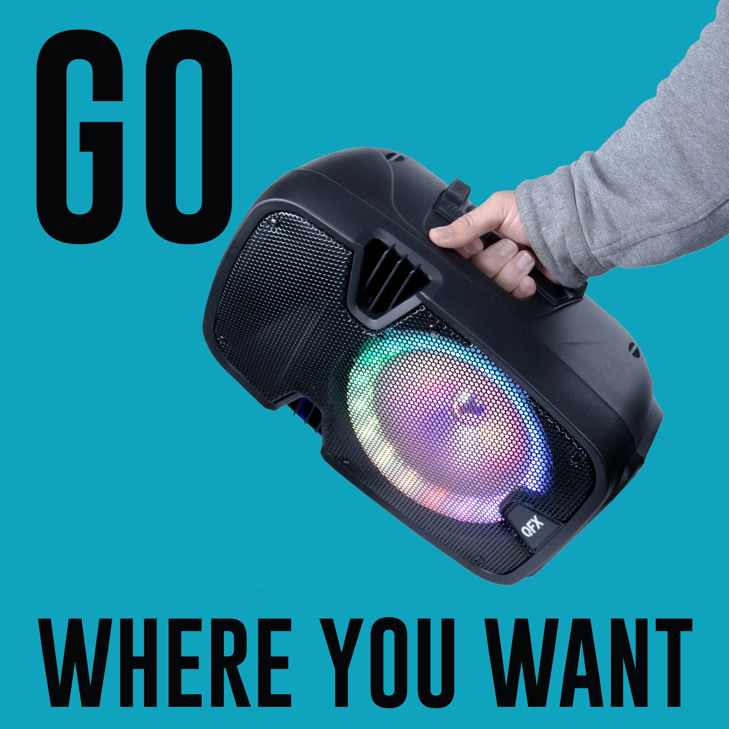 QFX 8" Portable Bluetooth Party Speaker, Bonus Microphone, Battery Powered , LED Lights, WMX-8074