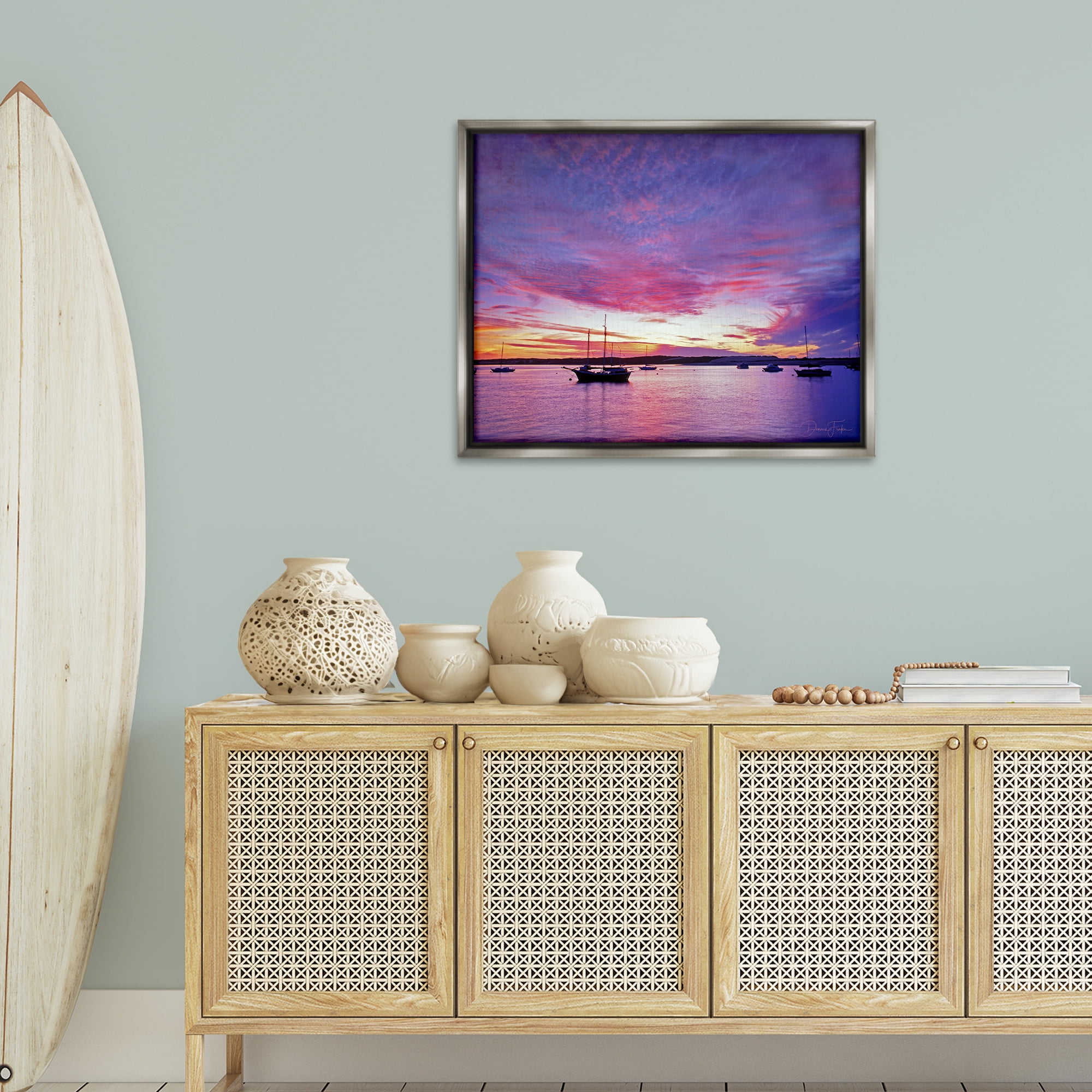 Stupell Industries Distant Boats at Sunset Transportation Photography Gray Floater Framed Canvas Art Print Wall Art, 31 x 25