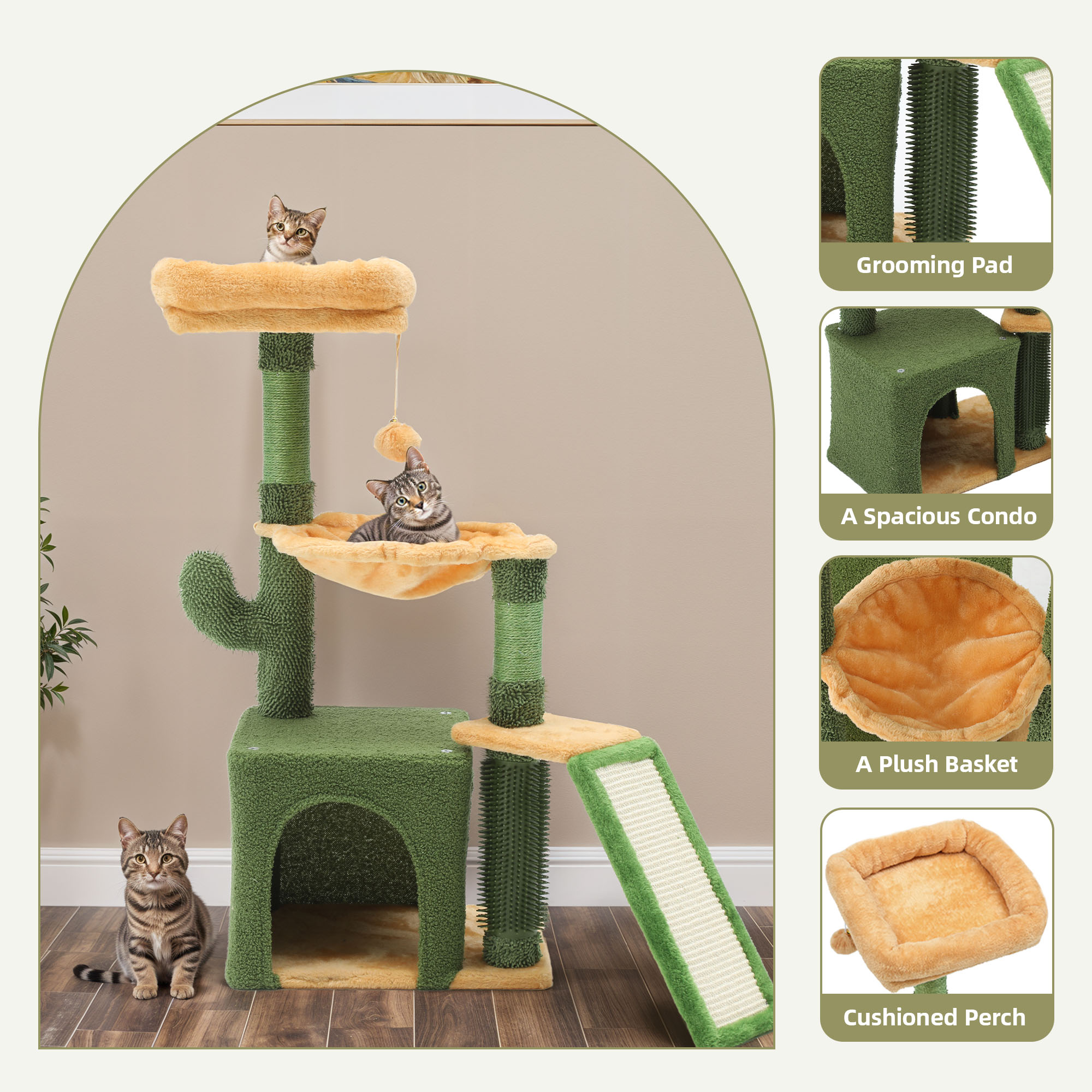 Uforic 37" Cactus Cat Tree Condo, Cat Climbing Tower, with sisal Scratching Post, Plush Platform, Hammock for Indoor Cats, Green