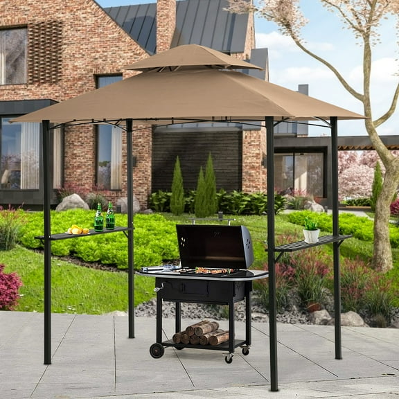 Outdoor Patio Gazebo with Light, 8 x 5 Ft Patio BBQ Shelter, Double Tier Gazebo Canopy Tent with Air Vent, Hooks and Bottle Opener, Outdoor Gazebo Canopy with Steel Frame for Patio Yard Deck, K274