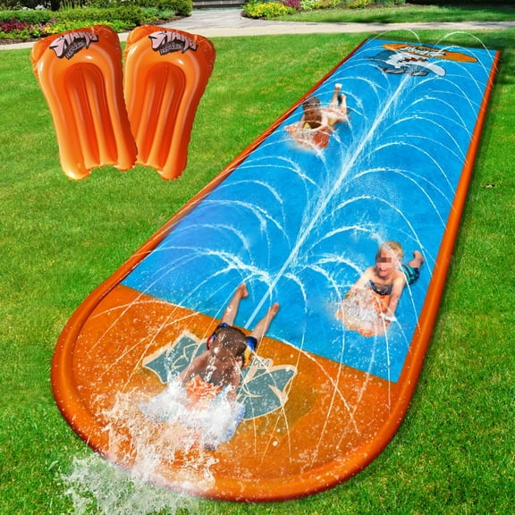 Slip Water Slide, 17ftx3 Lane Slip Water Slide for Kids Backyard Lawn,Summer Water Toys Outdoor Sprinkler with 3 Sliding Racing Lanes and 3 Inflatable Bodyboards