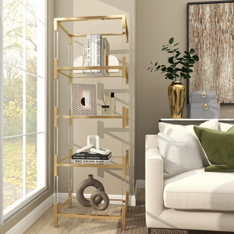 DecMode 22 x 69 Gold Acrylic 5-Tier Shelving Unit with Clear Glass Top  and Acrylic Legs, 1-Piece 