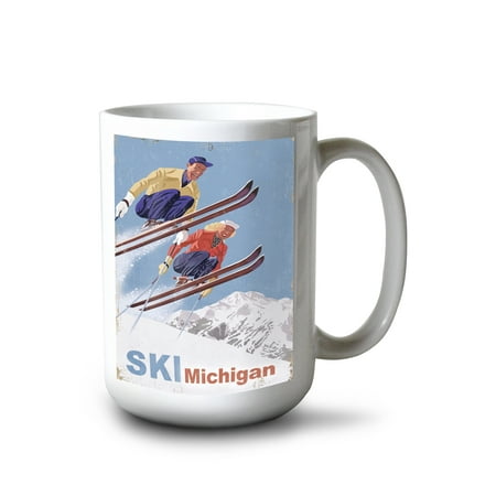 

15 fl oz Ceramic Mug Michigan Vintage Skiers Artwork Dishwasher & Microwave Safe
