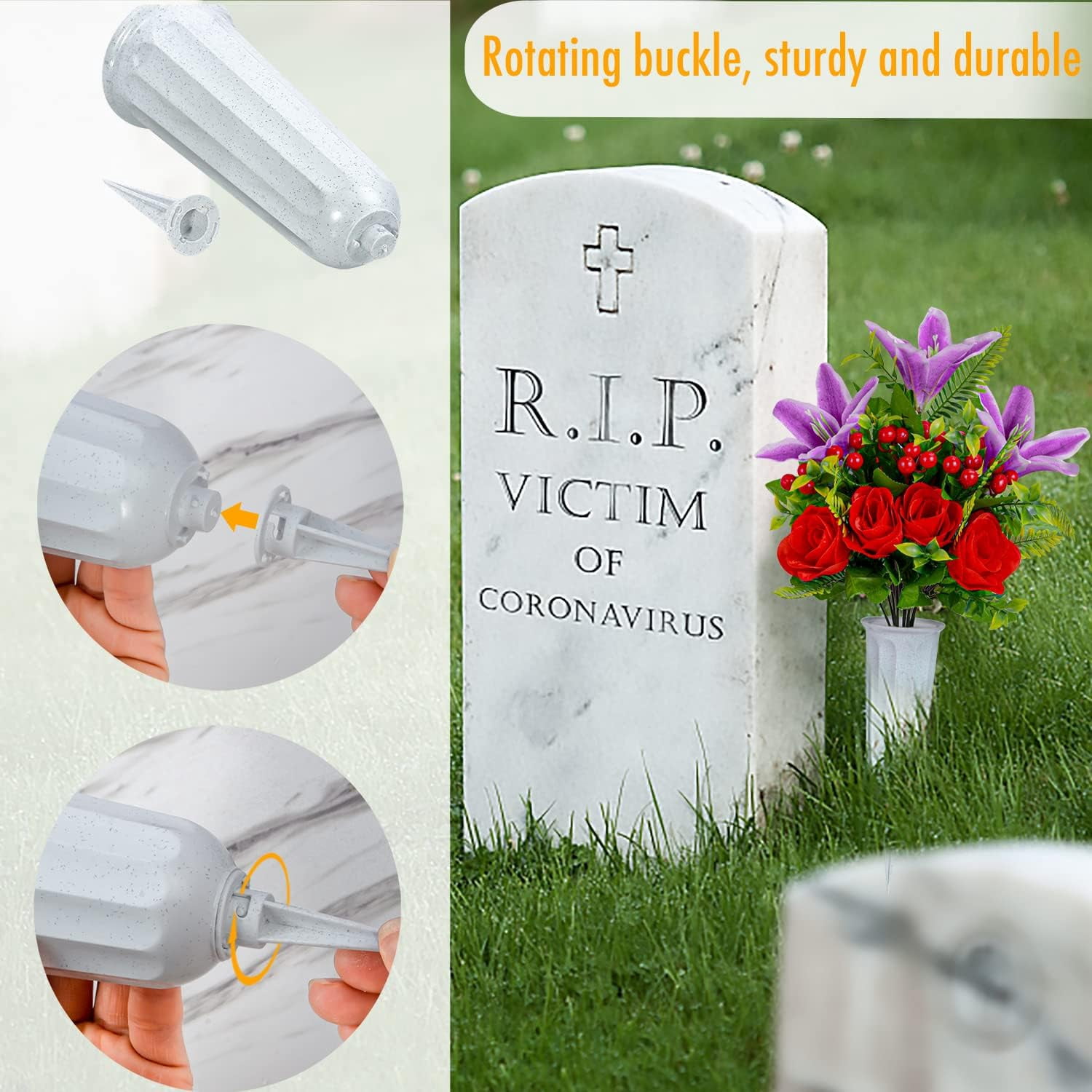 Artificial Cemetery Flowers for Grave, Set of 2 Artificial Memorial Flowers with Vase for Outdoor Cemetery Headstones Graveyard Gravestone Decoration (Red Lily&White Purple Peony)