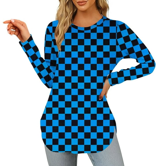 Craaazy Checkerboard Long Sleeve Tops Gifts For Women Loose Crew Neck Comfy Blouse Tunic Tops Casual