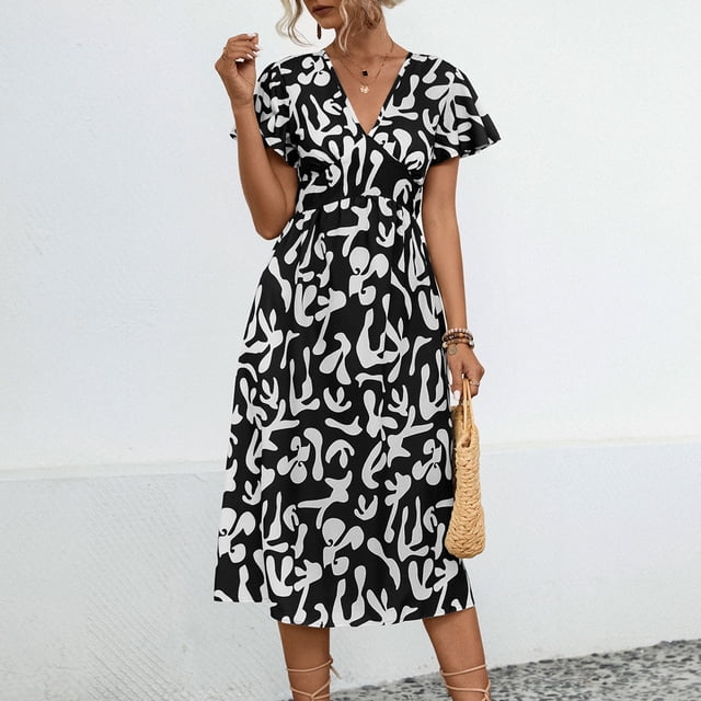 Robes pour Femmes 2024 Été Surdimensionnée Décontractée à Manches Courtes Col en V Imprimé Robe Mi-Mollet Rabais de 50 % Liquidation!