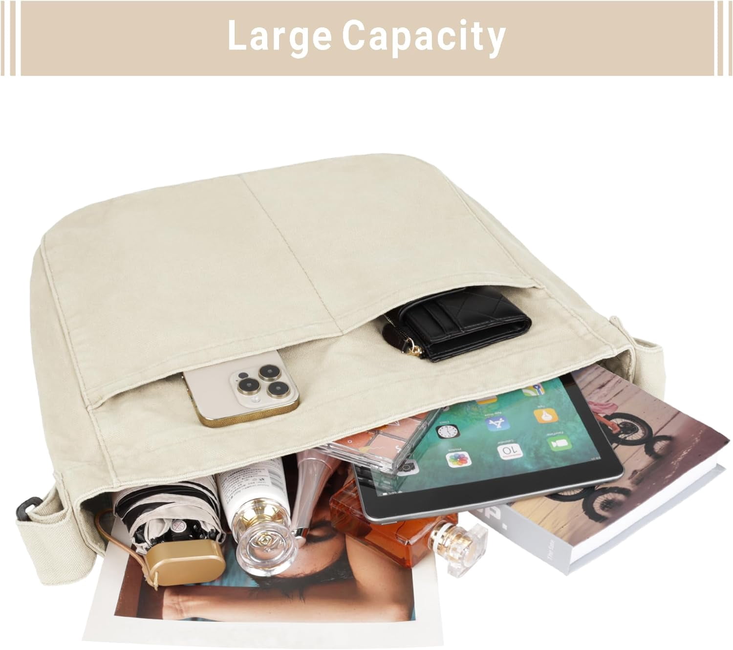 Canvas Tote Bag for Women Large Hobo Crossbody Handbags Casual Shoulder Purse with Multiple Pockets