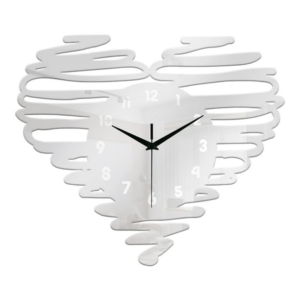 Reloj de pared en forma de corazón, movimiento silencioso, números arábigos analógicos, reloj colgante, Plata