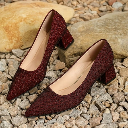 

Women s Glitter Chunky Heels Pointed Toe Slip On Evening Elegant Banquet Dress Shoes