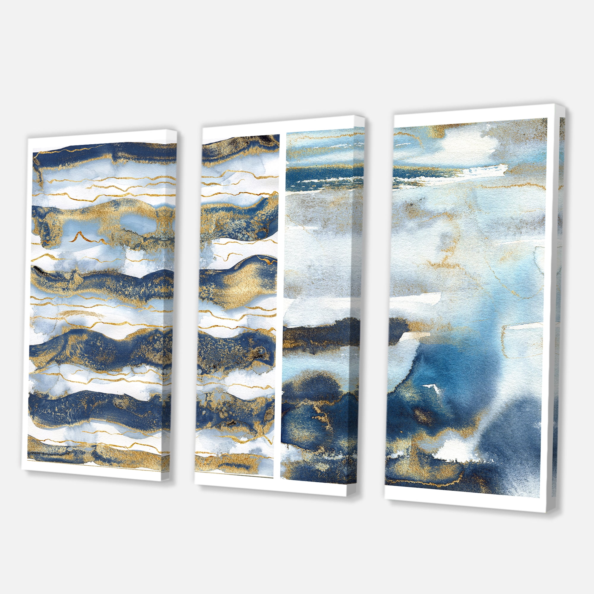 Designart ' Gold and Dark Blue Abstract Waves II ' Modern Canvas Wall Art Print