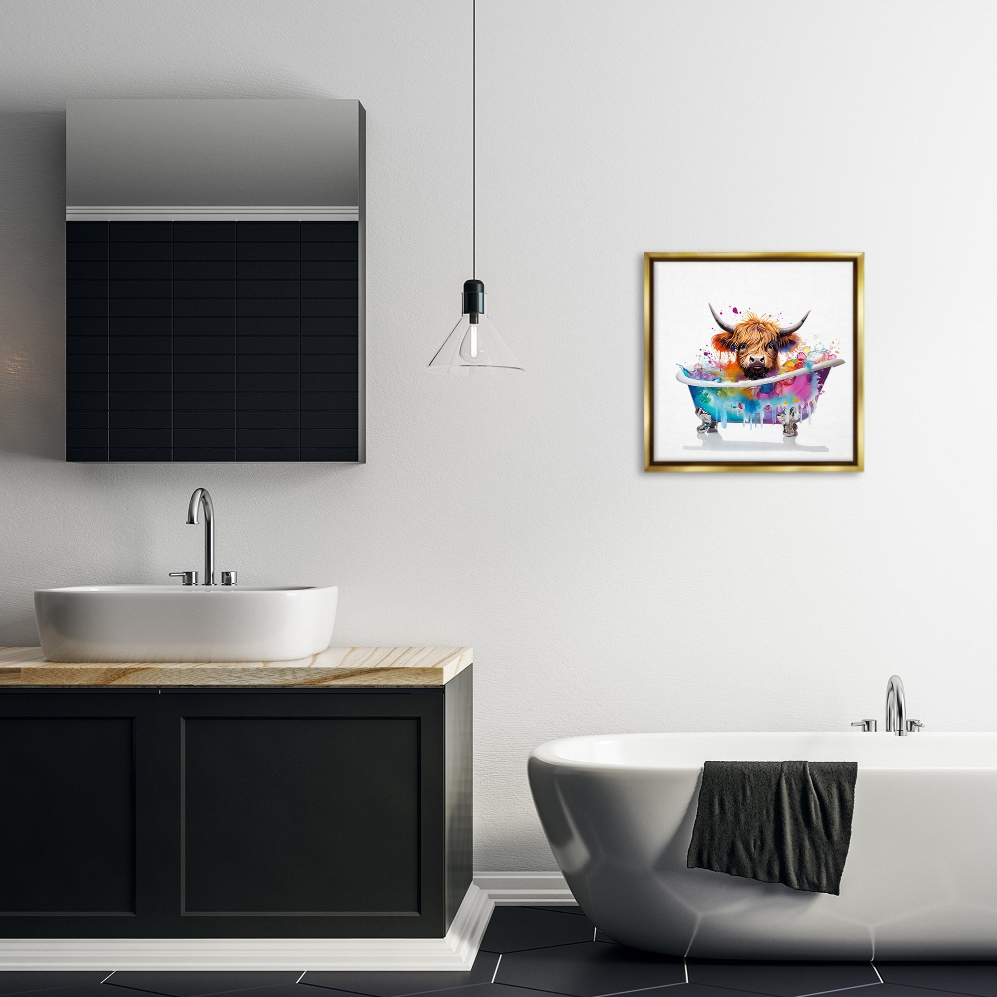Stupell Industries Vivid Bath Time Cattle Typography Painting Gold Floater Framed Canvas Art Print Wall Art, 18 x 18