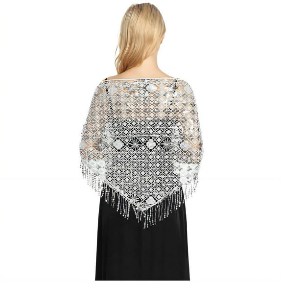 TELOLY Shawl Wraps for Women,Glamorous Water-Soluble Sequin Design Shawls for Women,Elegant Fringed Detailing Shawls and Wraps for Evening Dresses,Silver