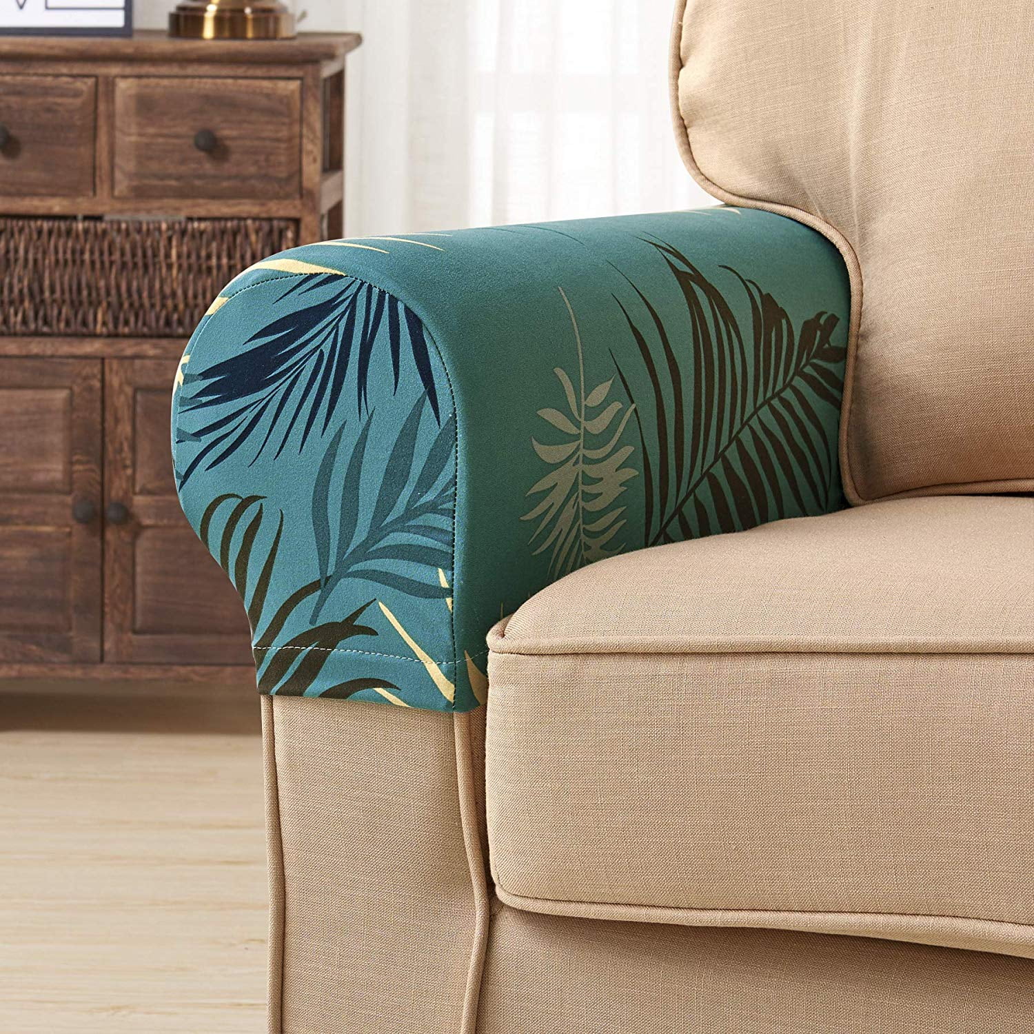 Subrtex Leaves Spandex Stretch Fabric Armrest Covers Sofa Armchair