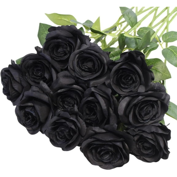 Black Artificial Roses Flowers, 12 Pcs Fake Rose in Bulk, Long Stem Realistic Silk Roses Bouquet for Centerpieces Flower Arrangement, Halloween Home Decor, Gothic Decoration (Black, 12-PCS)