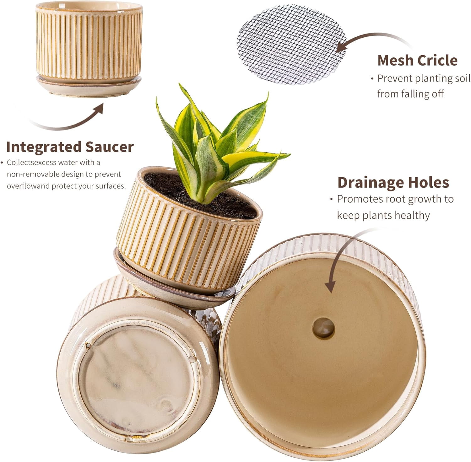 Set of 3 Speckle Gray Ceramic Plant Pots, 4.3+5.5+6.7 Inch with Drainage Hole, Saucer & Hole Pads, Striped Decorative Planter for Indoor Plants and Gardening