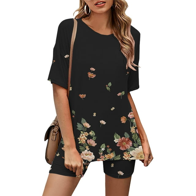 Ensembles Assortis pour Femmes Mode Blouse Col Rond Manches Courtes Hauts Shorts Ensemble Décontracté Ensembles Assortis Femmes Été en Liquidation