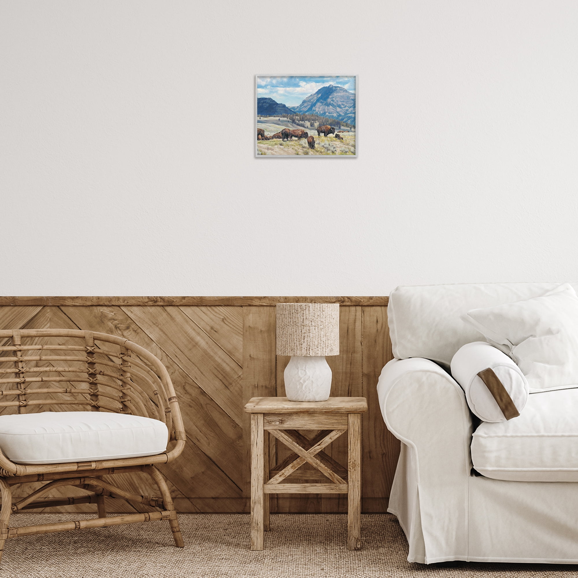 Stupell Industries Sunny Afternoon Bison Landscape Painting Gray Framed Art Print Wall Art, 14 x 11
