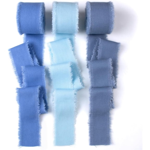 Blue Cotton Linen Ribbon 1.5" x 7Yds Boho Vintage Rustic Ribbon Handmade Fringe Frayed Cloth Fabric Ribbon for Gift Wrapping Wedding Invitations Bridal Bouquets DIY Crafts