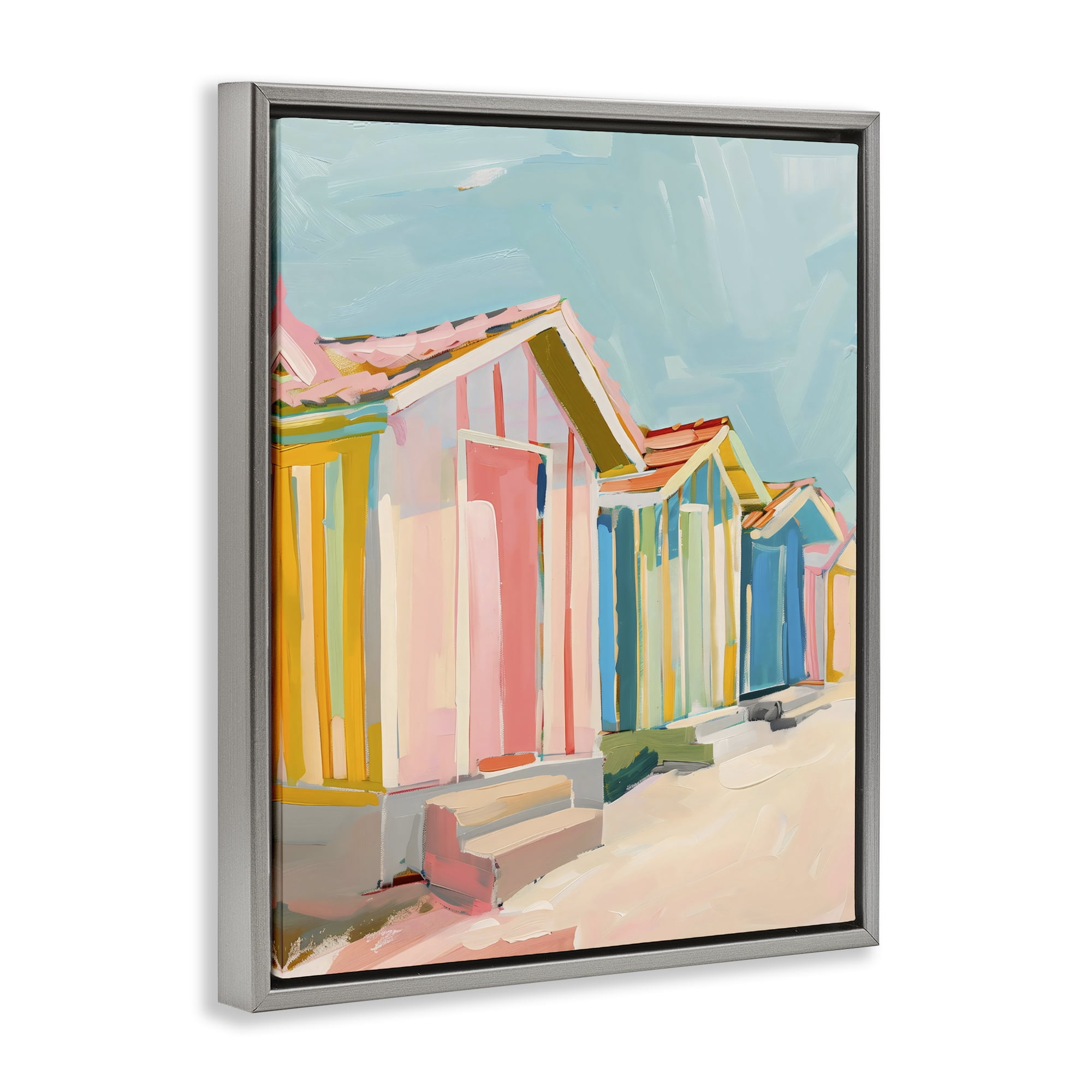 Stupell Industries Striped Beach Bungalows Gray Framed Floater Canvas Wall Art, design by The Prints Vibe