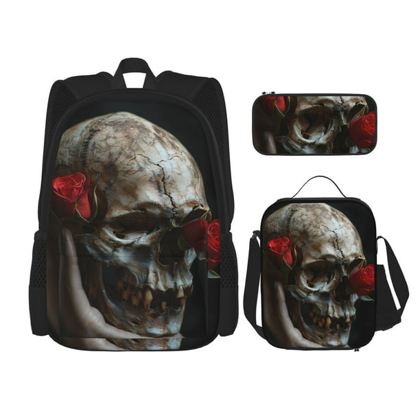 Easygdp Realistic Rose Skull Mochila para Niños y Niñas con Set de Caja de Almuerzo y Estuche para Lápices 3 en 1, Mochila Escolar Estampada para Adolescentes