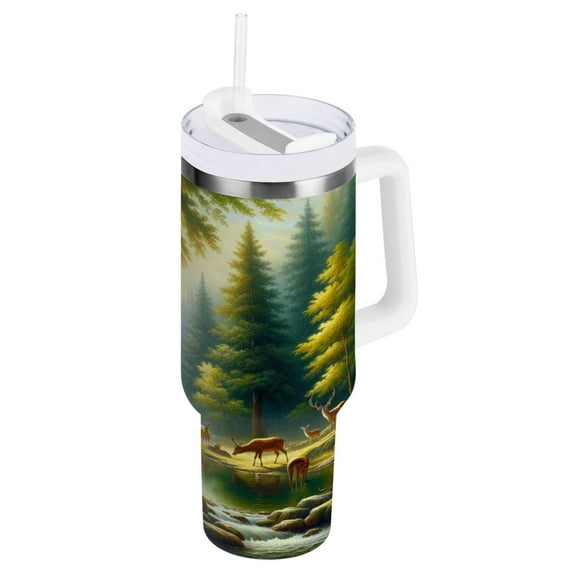 Deer in Forest by Water Tumbler with Handle and Straw Lid 40 oz Insulated Vacuum Water Bottle Stainless Steel Travel Cup