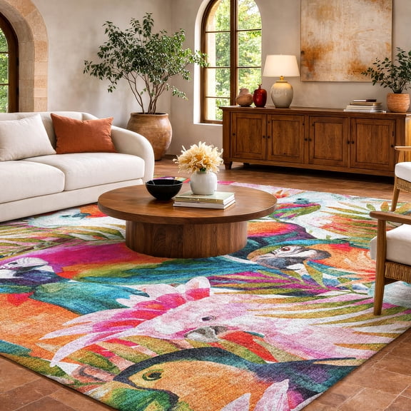 Addison Rugs Dream Shag Premium Machine Washable Transitional Tropical Birds Multi Rectangle Rug, 10' x 14'