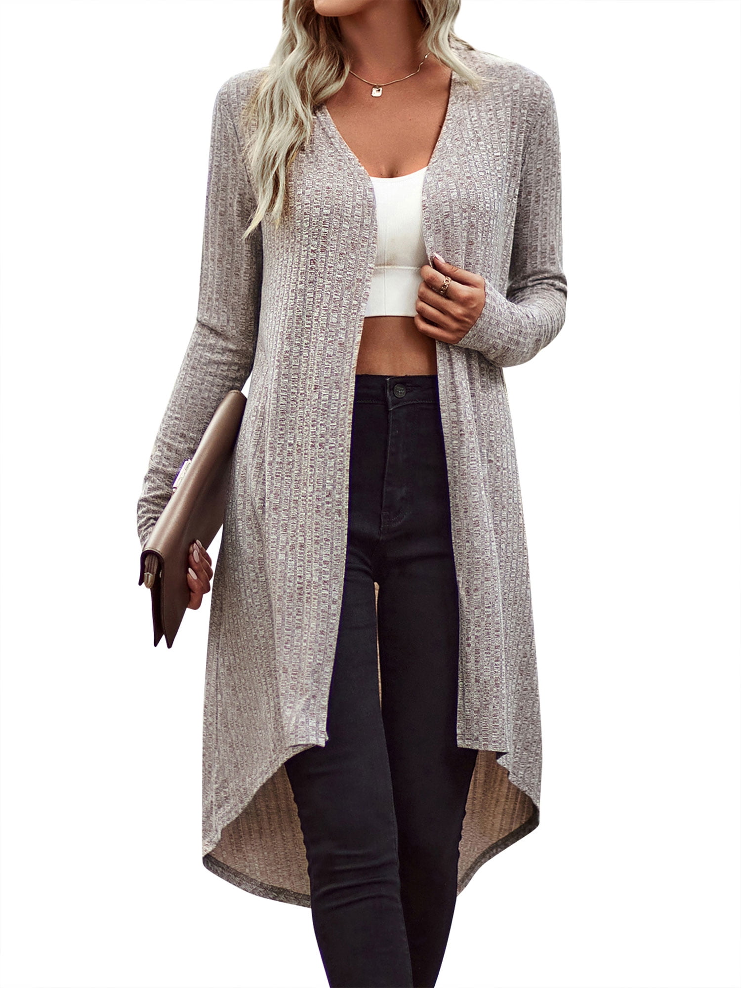 ZXZY Women Open Front Knitted Long Sleeve Solid Color Scoop Hem Cardigan