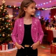 thumbnail image 4 of Girls Sequin Jacket Sparkly Glitter Open Front Cropped Blazer Lightweight 3/4 Length Sleeve Jacket Hot Pink 170, 4 of 7