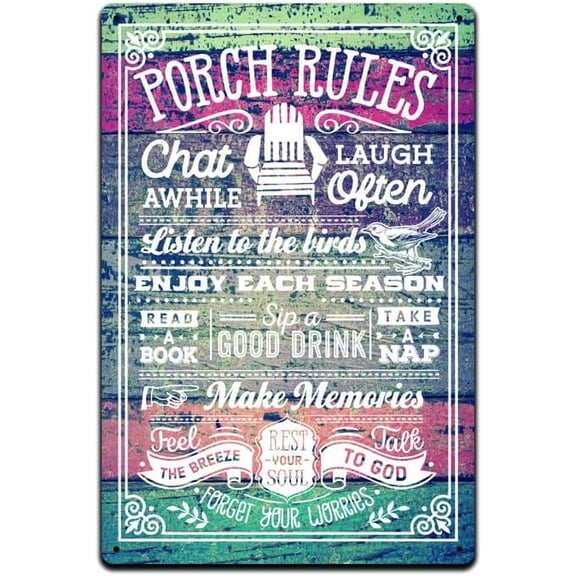 Porch Rules Aluminum Sign, Outdoor Home Porch Wall Decor, Summer Theme, 8 x 12 Inch, Multicolor