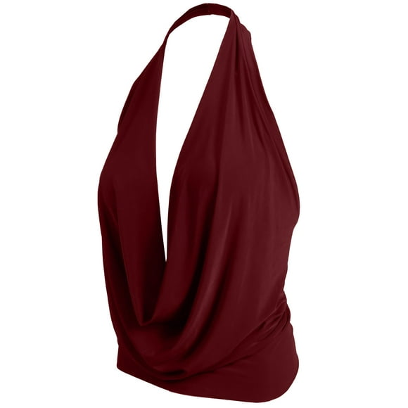 J. METHOD Women's Sleeveless Halter Neck Lightweight Low Cut Deep V Neck Sexy Draped Backless Top Blouse NEWT07 Burgundy M