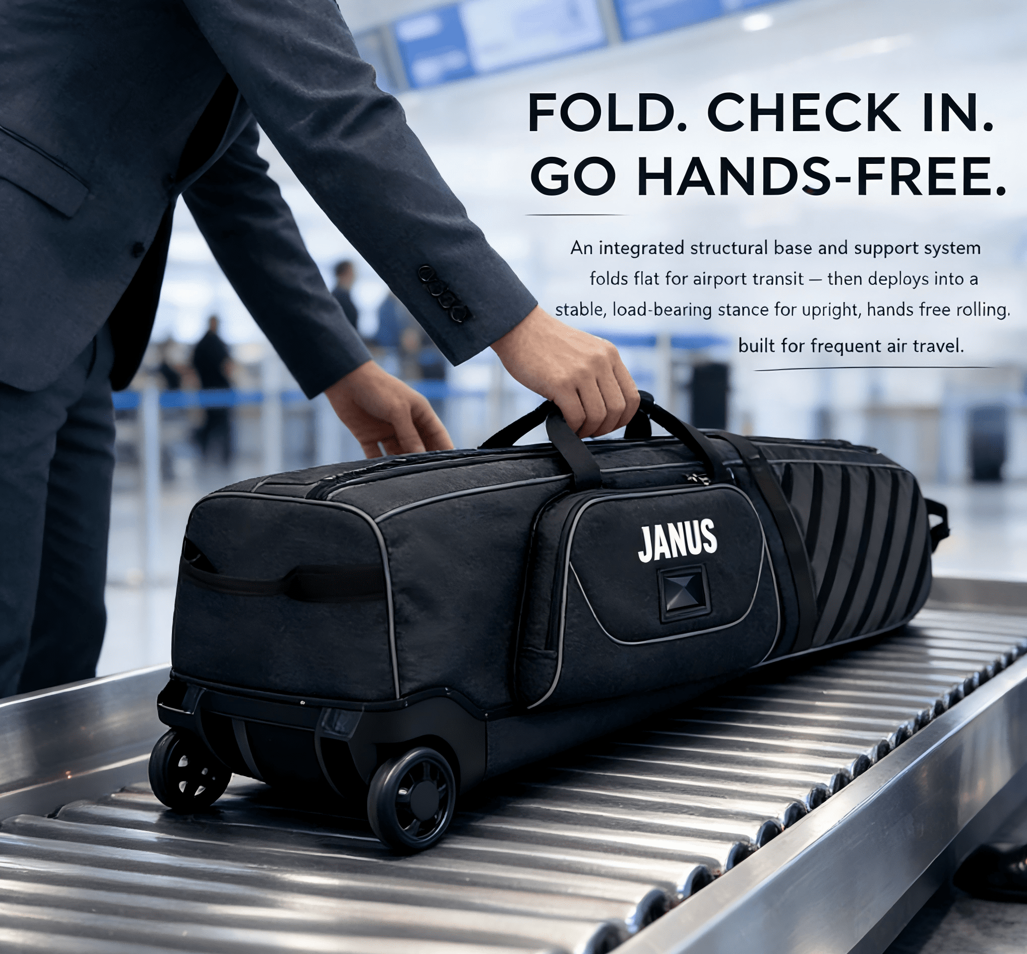 JANUS Golf Travel Bag with Integrated Foldable Support System, 4-Wheel Hands-Free Rolling & 2-Wheel Pull Mode, Reinforced Hard Base, Airline Checked Luggage Compatible
