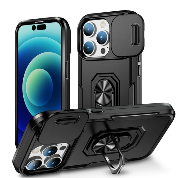 for iPhone 14 Pro Hard Case, with Camera Cover & Kickstand Holder, Built-in 360°Rotate Ring Stand Anti-scratch Drop Protection Magnetic Phone Case for Apple iPhone 14 Pro - Black