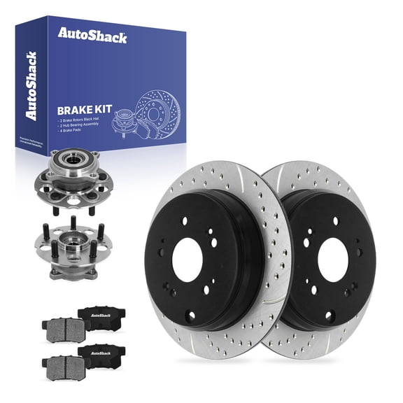 AutoShack Rear Solid Drilled & Slotted E-Coated Brake Rotors   Ceramic Pads   Hub Bearing Assembly 8-PC Brake Kit Replacement for 2012-2016 Honda CR-V 2013-2015 Acura RDX ShadowGuard 11.99" (305 mm)
