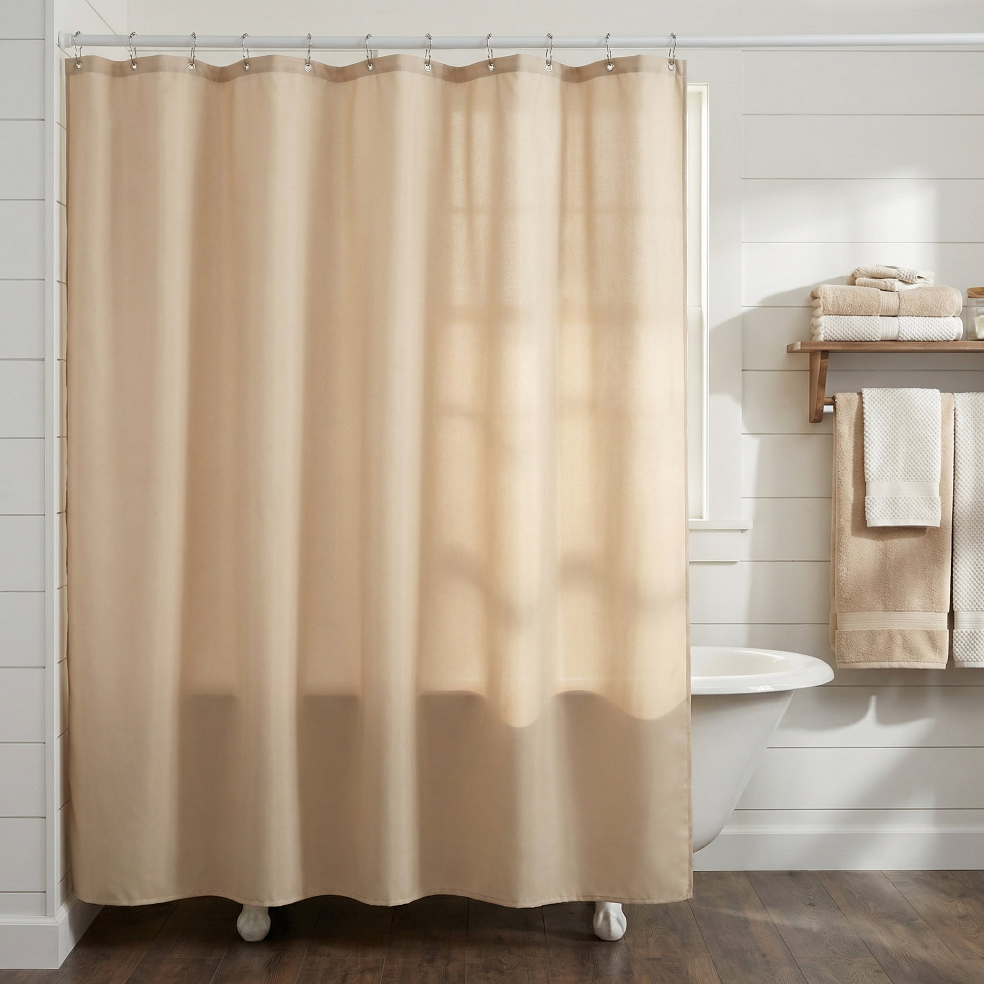 Unique Bargains Solid Polyester Shower Curtain Sets with 12 Hooks Beige 71"W x 71"L