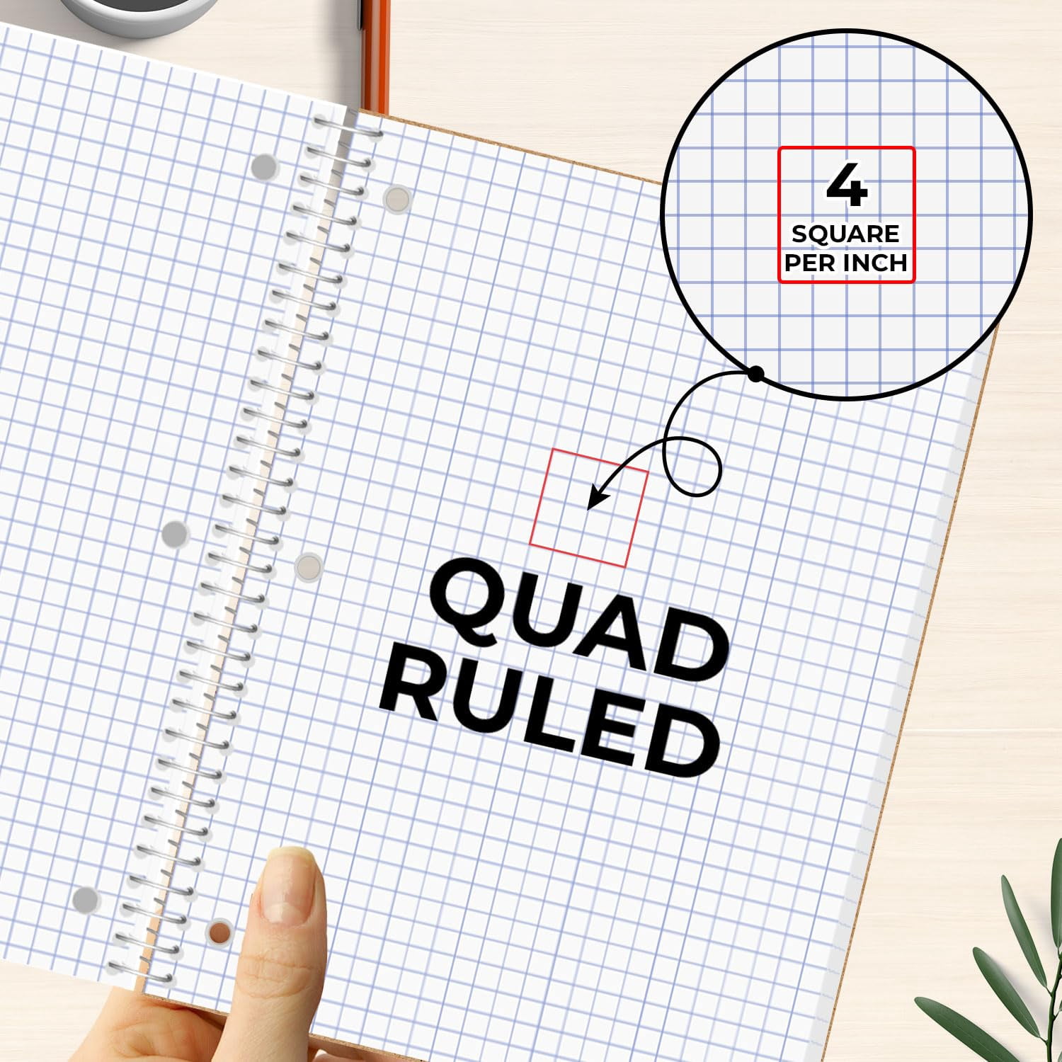 Rosmonde Bulk 1 Subject Spiral Notebook Graph Paper, 50 Pack, 140 Pages (70 Sheets), 8.5 x 10.5, Bulk 4x4 Grid Quad Ruled Spiral Notebook, 3 Hole Punched, Bulk Quad Ruled Graph Paper Spiral Notebooks