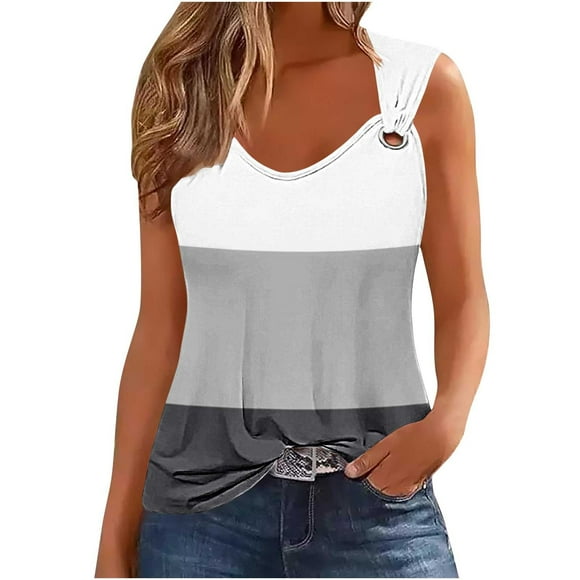Scyoekwg Débardeurs pour Femmes Col Rond O Ring Débardeurs Décontractés d'Été Blouses Amples pour Dames Tops à Blocs de Couleur Patchwork Graphique Tee Confortable Sans Manches (Gris,G)