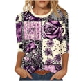 thumbnail image 2 of Floral Patchwork Graphic T-Shirt for Women Crewneck Three Quarter Sleeve Relaxed Fit Soft Casual Daily Wear Bohemian Style Festive Spring Clothes Top, 2 of 6