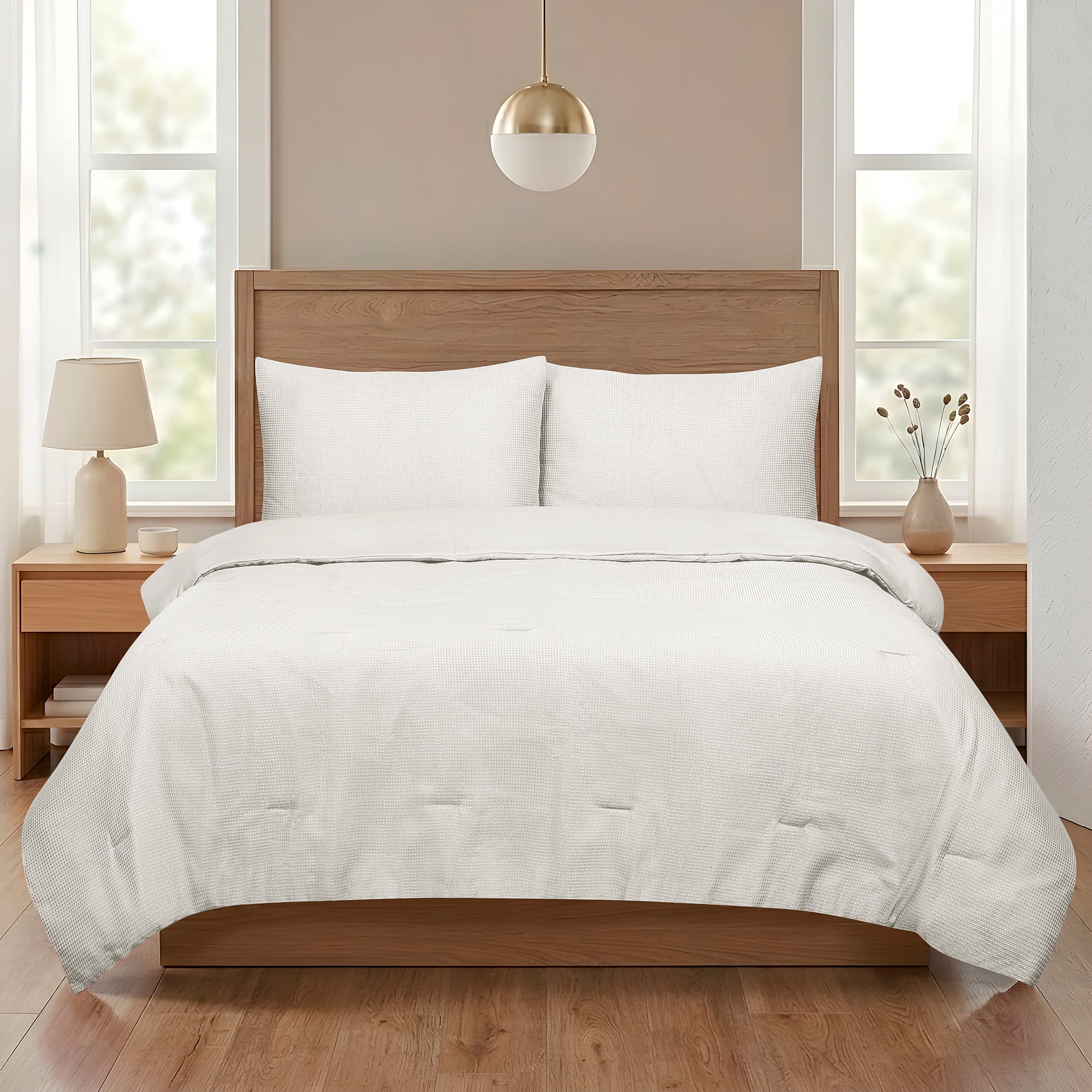 Mainstays 3-Piece Waffle Comforter Set with Matching Shams, Full/Queen, Vanilla Dream