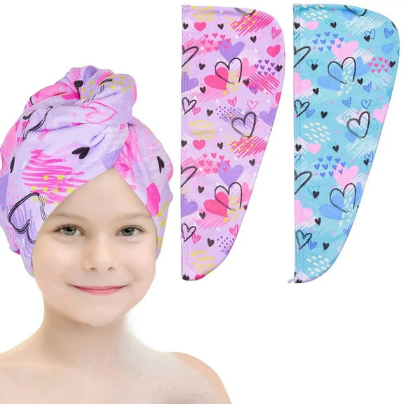 2pcs Hair Turban Towel Wrap For Wet Hair For Women Kids Fast Drying Microfiber Hair Towel With Button Portable Head Towel Wrap