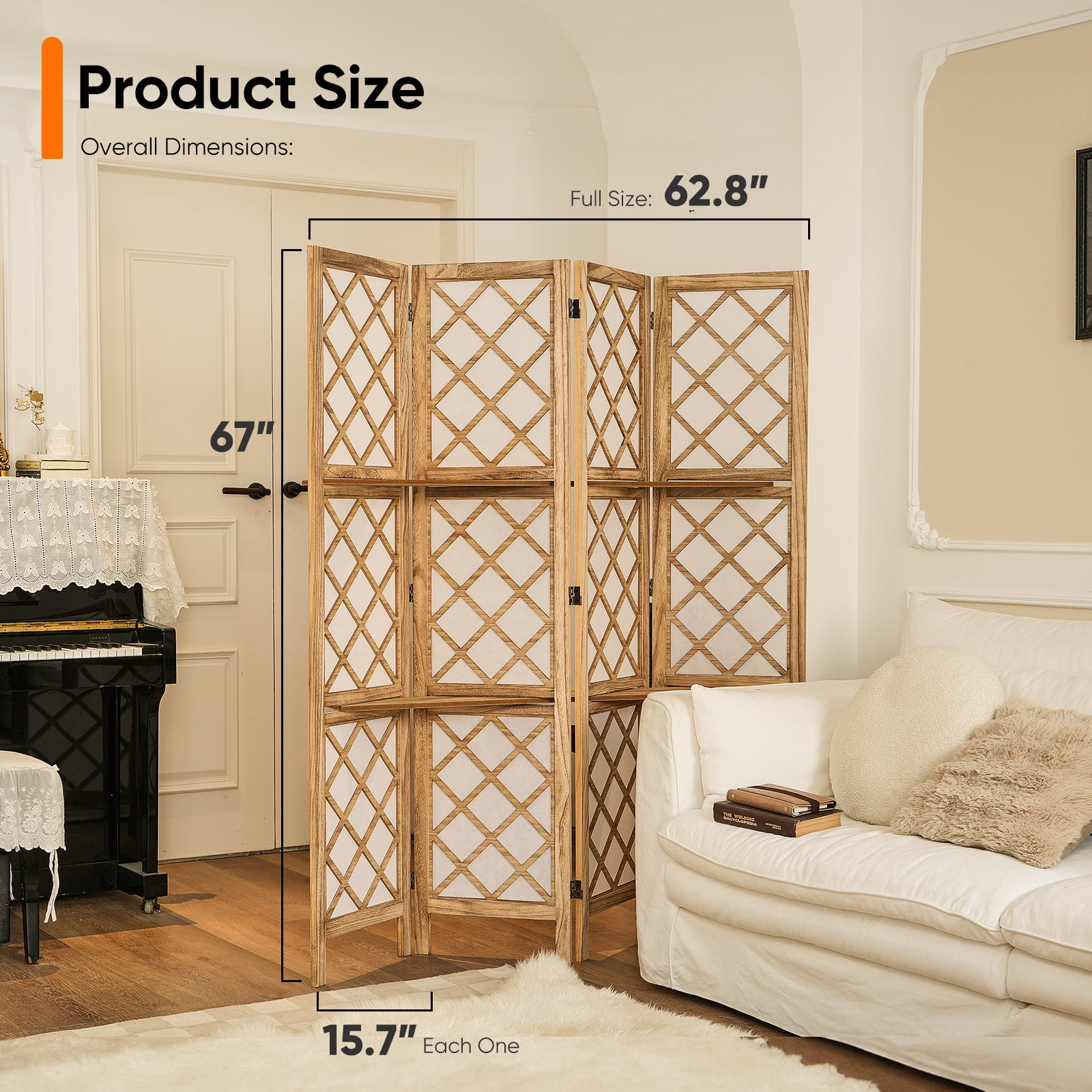 Jostyle 4/6 Panel Room Divider Privacy Screen with Storage Shelves Foldable Wood