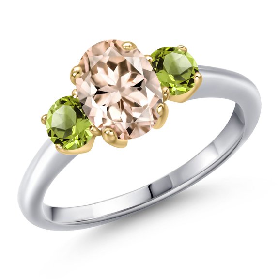 Gem Stone King 10K Two Tone Gold Peach Morganite and Green Peridot Engagement Ring for Women | 1.60 Cttw | Oval 8X6MM | Gemstone October Birthstone | Size 7
